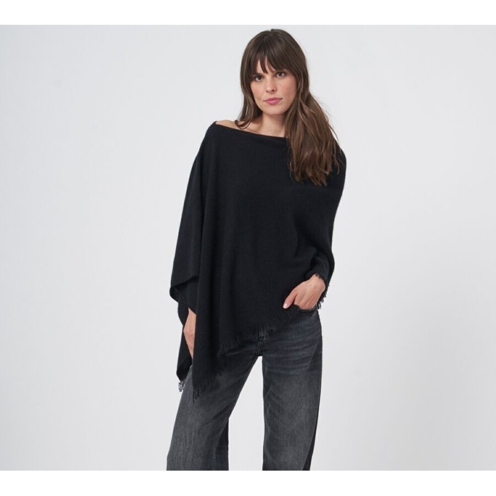 Repeat Fine-Knit Black Cashmere Poncho with Fringed Edges Size OS